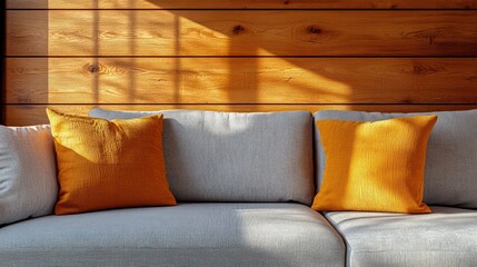 Cozy Sofa with Orange Pillows and Wood Wall