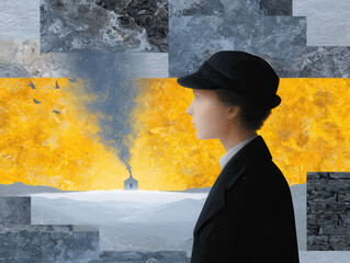 Profile of woman in black hat and coat stands against surreal background with yellow sky, snowy landscape, distant house with smoke, and textured stone patterns, evoking mystery