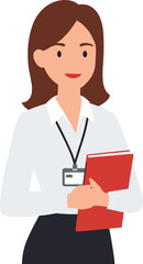 Confident professional woman holding red notebook, office employee illustration, educated business female character with ID badge and workplace attire