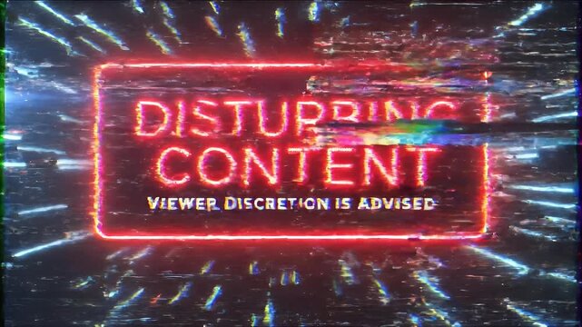 Disturbing Content Viewer Discretion Advised Neon Sign on Dark Background with Light Rays.