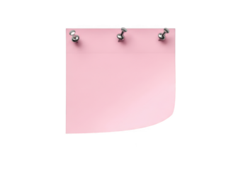 Pink sticky note with thumbtacks, memo pad, reminder, message board, pink paper, office supply, bulletin board isolated on transparent background