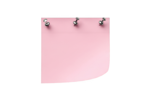 Pink sticky note with thumbtacks, memo pad, reminder, message board, pink paper, office supply, bulletin board isolated on transparent background