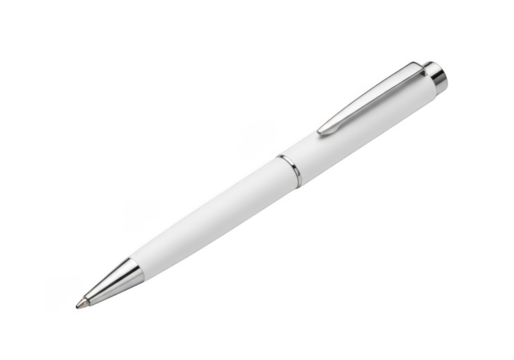 Stock photo of a sleek white ballpoint pen for writing and drawing, perfect for office and school supplies, isolated on transparent background