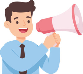Business man holding megaphone announcing message, cartoon character speaking loudly for marketing, communication, promotion and advertising concept illustration