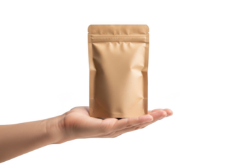 Kraft paper pouch mockup on hand, packaging template for food, coffee, tea, isolated on transparent background