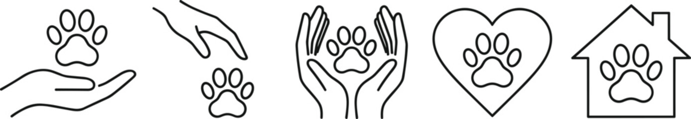 Pet care and adoption line art icons. Set includes paw in hand, heart, and house, symbolizing love, shelter, and protection.