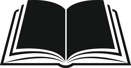 Open book icon, black and white vector graphic symbol of reading, education, knowledge, literature, learning, and storytelling isolated on white background, simple flat design.