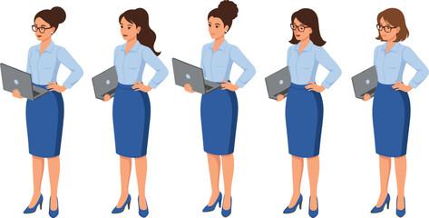 Business woman holding laptop in various poses, professional office character design wearing formal clothes for corporate workplace and digital work