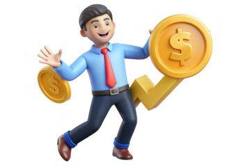 3d cartoon businessman celebrating financial success with dollar coins and upward trend arrow, isolated on transparent background