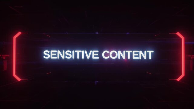 Sensitive Content Warning with Neon Frame and Glitch Effect.