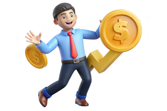 3d cartoon businessman celebrating financial success with dollar coins and upward trend arrow, isolated on transparent background