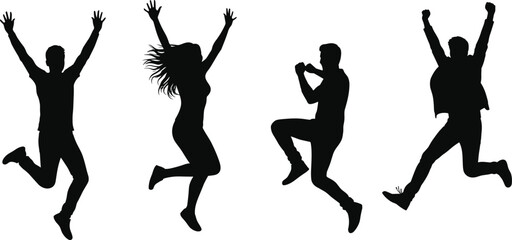 Set of black silhouettes of people jumping. Happy man and woman celebrating success, freedom, and joy. Vector graphic collection.