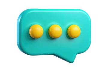 3d rendered turquoise speech bubble with yellow dots, communication icon, message sign, chat symbol, notification isolated on transparent background