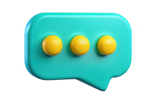 3d rendered turquoise speech bubble with yellow dots, communication icon, message sign, chat symbol, notification isolated on transparent background