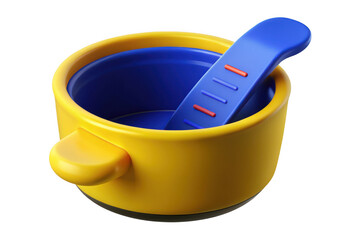 3d render of yellow pot with blue ladle, kitchen utensil, cooking tool, food preparation equipment, isolated on transparent background