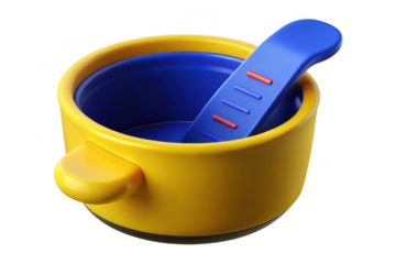 3d render of yellow pot with blue ladle, kitchen utensil, cooking tool, food preparation equipment, isolated on transparent background
