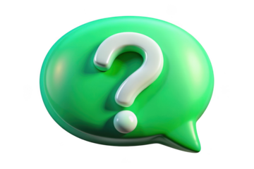 3d green question mark speech bubble icon illustration, problem solving, faq, help, support, and information graphic isolated on transparent background