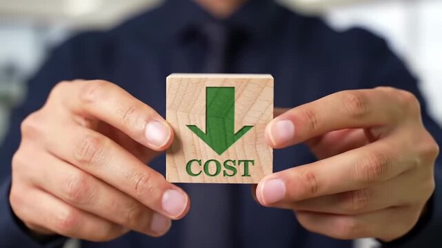 A person holds a wooden block with the word "COST" and a green downward arrow engraved on it, symbolizing a decrease