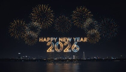 New Year Fireworks Celebration 2026, City Skyline, Nighttime View, Vibrant Display