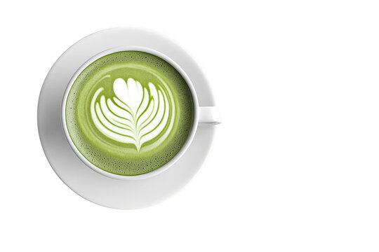 Top view matcha latte art in white cup with saucer drink photo delicious beverage food isolated on transparent background