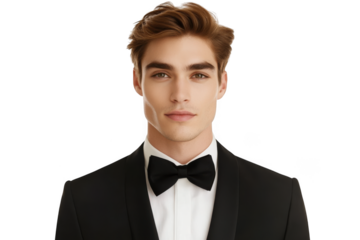 Handsome man in tuxedo portrait, formal wear, bow tie, fashionable hairstyle, studio shot, isolated on transparent background