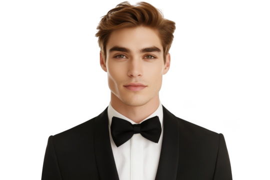 Handsome man in tuxedo portrait, formal wear, bow tie, fashionable hairstyle, studio shot, isolated on transparent background
