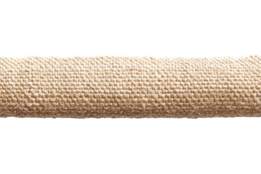 Detailed jute rope texture, natural fiber cord close-up, hessian twine strand, rustic binding material, braided hemp, beige rope isolated on transparent background