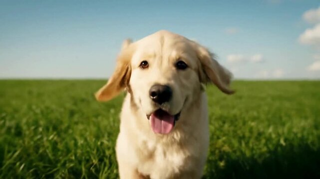 Golden retriever puppy sprints joyfully through a lush green meadow on a bright sunny day, capturing the essence of carefree fun and boundless energy in nature