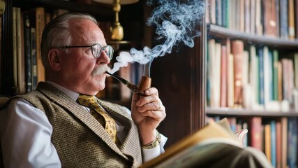 A senior academic professor smokes a pipe while reading.  Superior quality