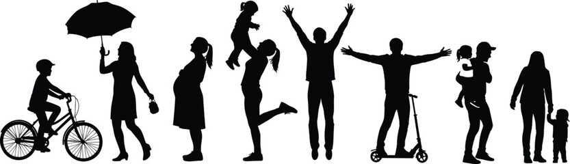 Silhouette collection of family lifestyle, pregnant woman, boy on bike, man on scooter, and happy parents with children vector.