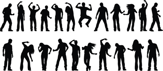 Black silhouettes of dancing people, men and women partying, club crowd jumping, vector illustration set isolated on white background, celebration concept.