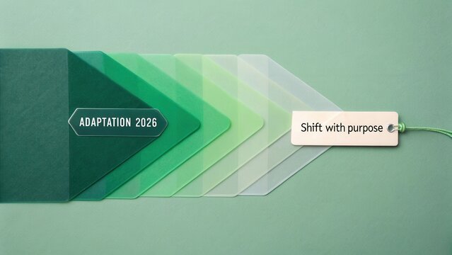 Colorful geometric shapes demonstrating the theme of adaptation and purpose with a modern design aesthetic and green color palette