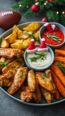 Fototapeta premium A festive platter of chicken wings, potato wedges, and carrot sticks with dipping sauces. Christmas decorations and an American football in the background.
