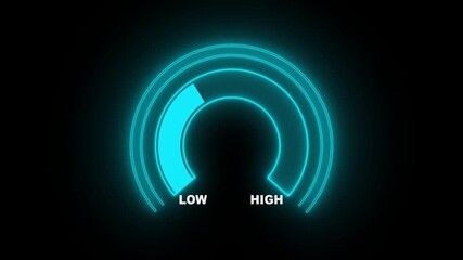 Animated digital semicircle gauge presentation template, moving from extremely high to safe low reading, level indicator, measurement instrument, warning message, risk assessment concept - Powered by Adobe