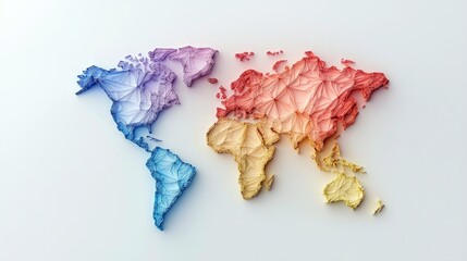 A vibrant, textured 3D model of the world map, with continents rendered in a gradient of colors from blue to purple and red to yellow.