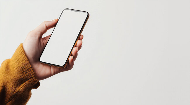 Close-up of a woman's hand holding an smartphone with a blank screen on a white background