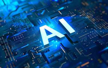 Artificial intelligence concept with blue glowing text AI on a circuit board background