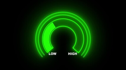 Animated digital semicircle gauge presentation template, moving from extremely high to safe low reading, level indicator, measurement instrument, warning message, risk assessment concept