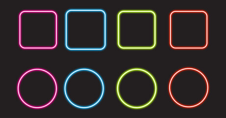 Colorful neon effect vector set of square web buttons with blank design and 3D glass shape for internet icons