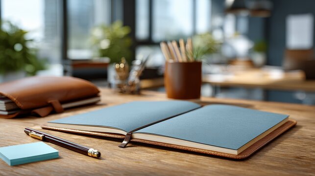 Professional stationery mockup with blue notebook, matching post-it, pencil, and leather planner on office desk under natural light, high-resolution realistic textures for branding.