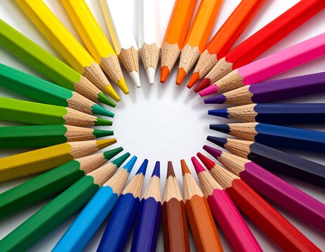 Colored pencils arranged in a circular pattern on white, creating a colorful spectrum