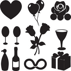 A set of gift box icons with various wine, champagne, and cocktail glass illustrations for party and celebration beverage design.