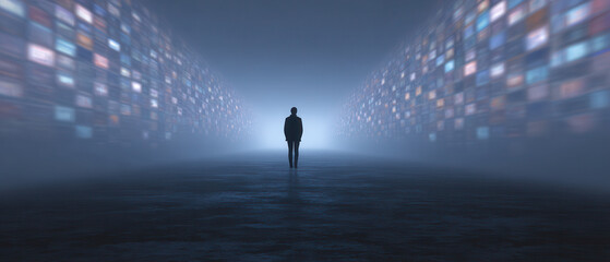 Solitary person stands in futuristic corridor surrounded by glowing digital screens, evoking sense of technology, innovation, and digital transformation in mysterious atmosphere