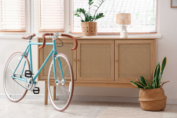 Modern bicycle near chest of drawers in light room