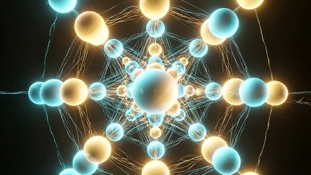 Abstract representation of atomic structure with glowing orbs