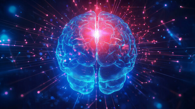 Glowing brain with blue and red lights, surrounded by vibrant energy lines against an abstract background