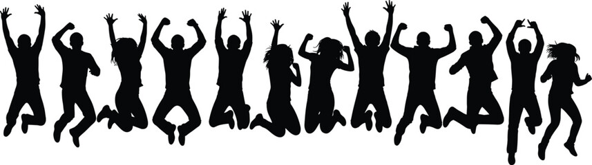 Silhouette of large group of happy people jumping together, vector illustration of celebration, success, freedom, and energetic party.