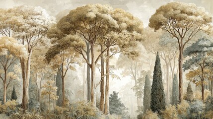 Elegant hand-painted mural wallpaper with serene ivory and beige landscape, tall poplar trees with distinct crowns, minimal details, refined balanced composition, timeless wall art. 