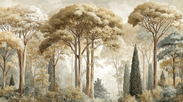 Elegant hand-painted mural wallpaper with serene ivory and beige landscape, tall poplar trees with distinct crowns, minimal details, refined balanced composition, timeless wall art.
