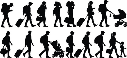 Silhouette of travelers walking with suitcases and backpacks, vector illustration of family, tourists, airport passengers, and migration journey.